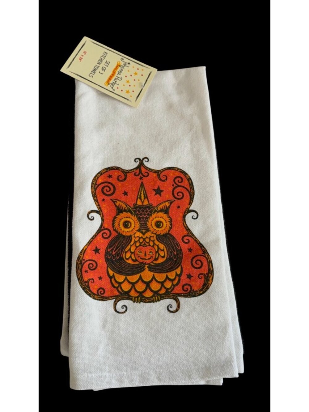 NWT 3 piece Johanna Parker Fall Halloween Owl Kitchen Towel Set Vintage inspired
